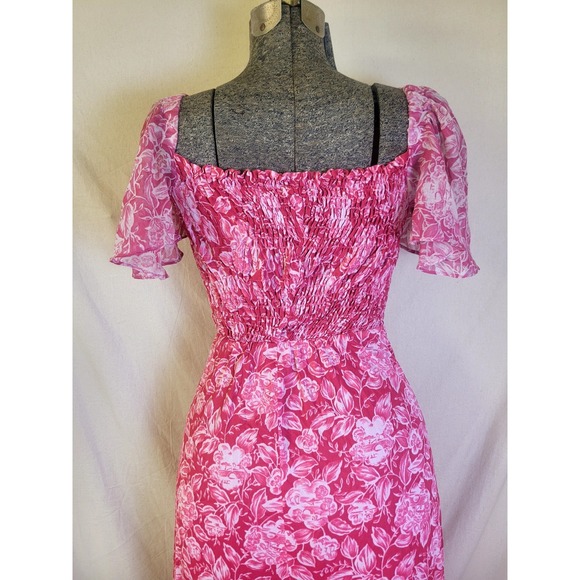 Vintage 70s Pink Maxi Dress Floral Ruched Ruffle Cottage Size Small - Picture 4 of 13